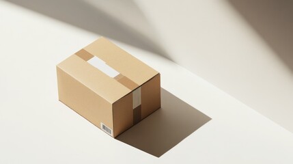 Fototapeta premium A single corrugated box with shipping labels and tape seals, placed diagonally on a white background to highlight realism.