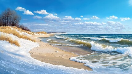 Obraz premium A snowy beach with icy waves lapping against the shoreline.