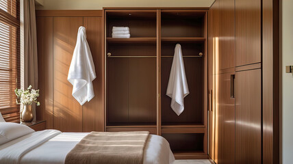 In morning light, close-up plan of clean white towel hanging in luxury hotel evoking feeling of relaxation and travel desire