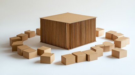 A single corrugated cardboard box with its flaps partially open, surrounded by smaller closed boxes, all placed on a white surface