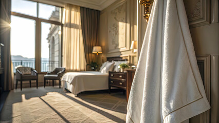 In morning light, close-up plan of clean white towel hanging in luxury hotel evoking feeling of relaxation and travel desire