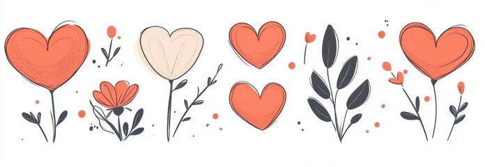 set of hand drawn red and beige hearts with floral elements on white background, featuring whimsical flowers and leaves. playful design evokes sense of warmth and creativity