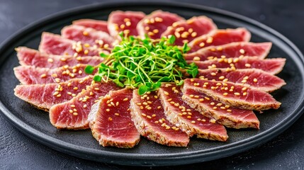 A beautifully arranged platter of thinly sliced tuna garnished with microgreens and sesame seeds, showcasing vibrant colors and textures.