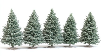 Fototapeta premium Five frosted fir trees isolated on white.