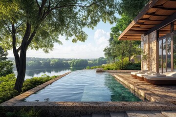 Fototapeta premium Luxurious lakeside villa with infinity pool surrounded by nature