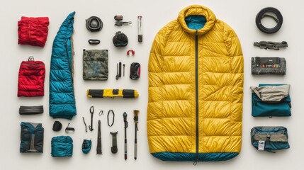 Flat lay of camping and hiking gear including sleeping bag, jacket, and accessories.