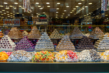Turkiye. Istanbul. A pyramid of Turkish delight is arranged in a confectionery. The assortment...