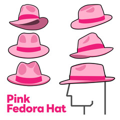 Set Blank Pink Fedora Hat Vector for Template. Pink Fedora Hat Technical Fashion Illustration. Pink Fedora Hat Isolated on White Background. Vector Illustration. Elements for design. EPS10.