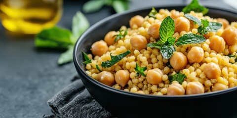 A bowl of vibrant couscous salad with chickpeas and mint, offering a fresh and hearty mix of textures and flavors in a rustic setting.