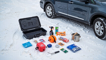 Winter supply kit scattered on snowy ground by car, road safety preparedness