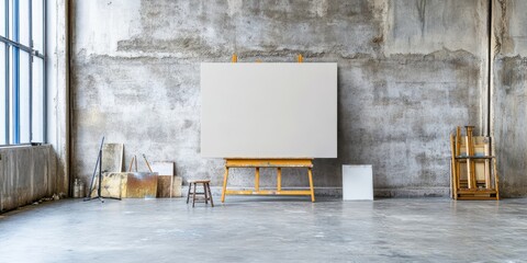 Minimalist Scandinavian room with a large empty canvas on an easel, surrounded by a rustic industrial backdrop, ready for creativity.
