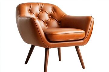 Naklejka premium Brown leather armchair with button tufting and mid-century modern design.