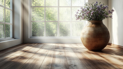 Obraz premium Trójwymiarowa wizualizacja pustego pomieszczenia, tło dla projektu wnętrza, duże okna z dużą ilością światła, tło generative ai 