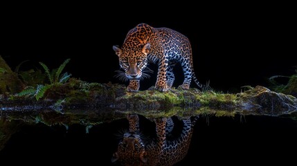 Obraz premium Jaguar reflected in dark water at night.