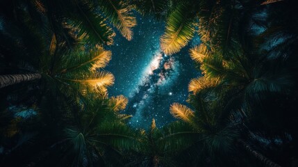 Naklejka premium Milky Way galaxy viewed through palm trees at night.