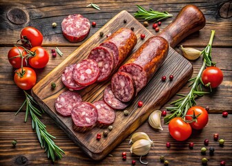 Homemade Sausage Slices on Rustic Wooden Board - Top View