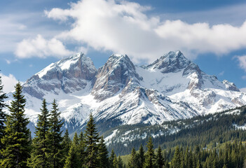Obraz premium Snowy mountain peaks with pine trees in the foreground, against a blue sky with clouds