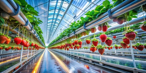 Hydroponic Strawberry Greenhouse: Long Exposure of Lush Plants & Growing System