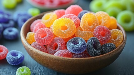 A bowl filled with colorful, sugary gummy candies in various shapes and sizes.