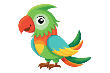 Cute colorful cartoon parrot sitting on a branch in a tropical setting