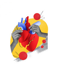 Hands sewing heart illustration with threads, representing repair and recovery in cardiovascular...