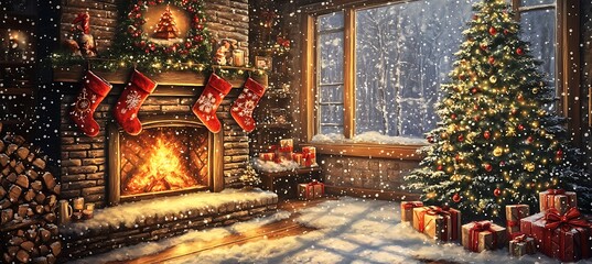 "Cozy Fireplace with Stockings Hung, Radiating Warm Holiday Cheer"
