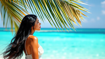 Woman in swimsuit standing on pristine white sand beach, essence of travel, tourism and holiday, pink and orange sunrise, woman against sea and beach