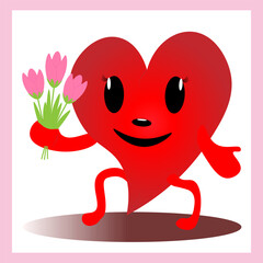 A red smiling heart on legs holds a bouquet of pink tulips in her hand