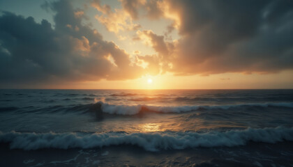 Obraz premium an impressive seascape, beautiful waves in the ocean at sunset, the sunlight of the setting sun on the horizon breaking through the clouds of the dramatic sky