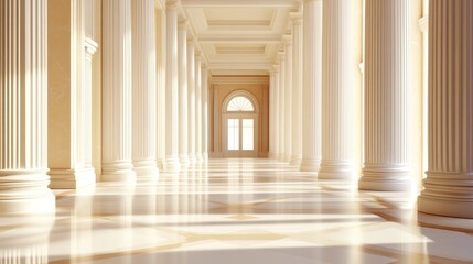 Sunlit classical hallway with marble floor and columns.