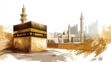 Simple Black and White Drawing of Kaaba in Mecca, Minimalistic Ink Sketch