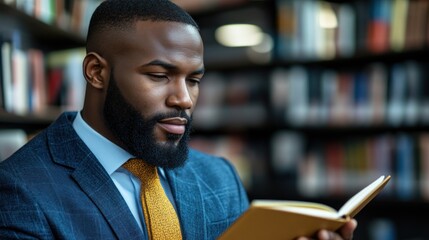Focused Black man in suit reads book in library.