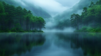 Fototapeta premium Serene Misty Lake Enveloped by Lush Green Forests