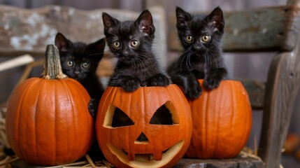 Three black kittens are sitting inside carved pumpkins