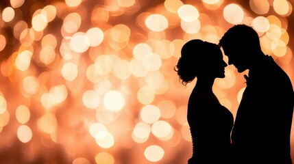 Romantic Silhouette of Couple Against Bright Bokeh Background at Night Celebration