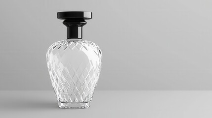 Elegant Clear Crystal Perfume Bottle with Geometric Pattern on Soft Gray Background