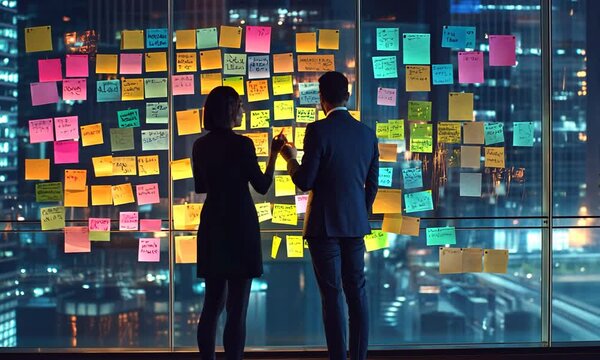 Strategic Planning: Businesspeople reviewing notes on a glass wall at night