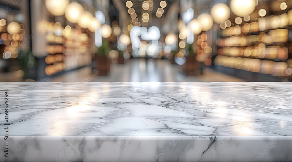Fototapete marble table top with a blurred store background for product display presentation.