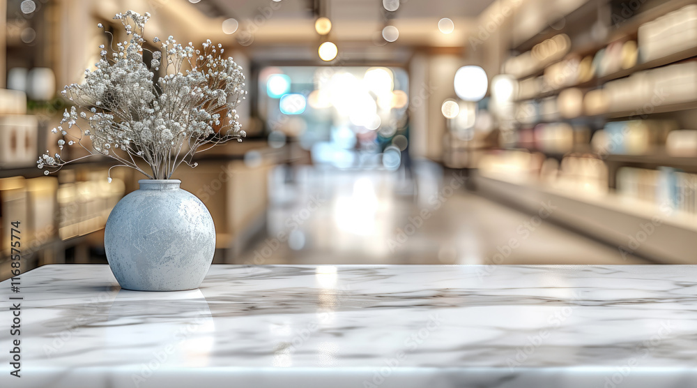 Fototapete marble table top with a blurred store background for product display presentation.