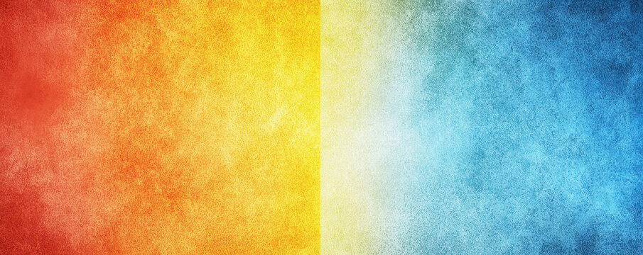 vibrant abstract background with textured gradient, blending warm red and yellow hues on left with cool blue tones on right, creating dynamic and colorful visual effect