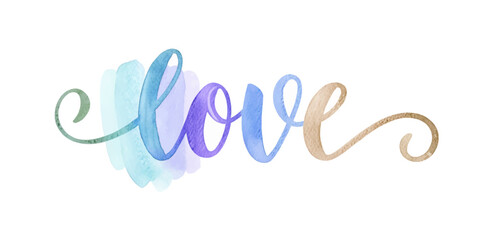 Watercolor love design, soft pastel colors, artistic lettering, romantic theme, decorative wall art.