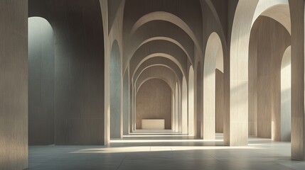 Sunlit minimalist concrete arched hallway.