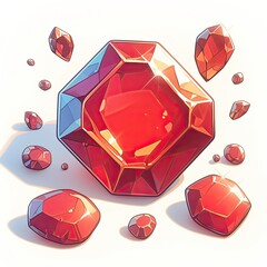 A vibrant digital illustration of a sparkling red gemstone with intricate facets, glowing with light reflections. Surrounded by smaller floating fragments, set against a clean white background for a s