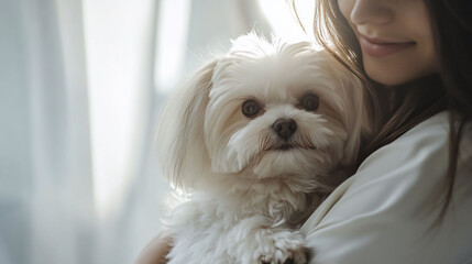 Woman cuddling fluffy white dog near window.