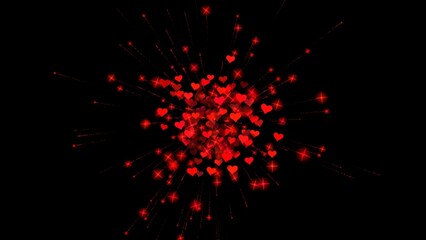 Valentine's Day festive background with flying red confetti in the form of hearts on a black isolated background for overlay. Red Hearts and bokeh for Valentine's day Greeting love illustration.