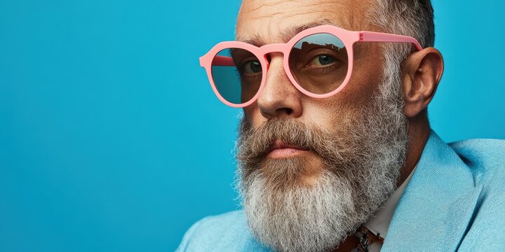 Man with a neon pink beard and sunglasses, exhibiting bold style choices against a vibrant blue background.
