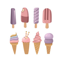 Ice cream stick. Ice cream cone. Dessert icon. Blueberry ice cream. Strawberry ice cream. Ice cream store. Cute ice cream. Flat design ice cream.