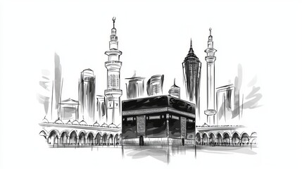 Fototapeta premium Simple Black and White Drawing of Kaaba in Mecca, Minimalistic Ink Sketch