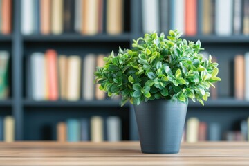 Lush Green Plant in Modern Pot on Wooden Table against Bookshelf Background