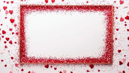 Red glitter frame with hearts on white background.
